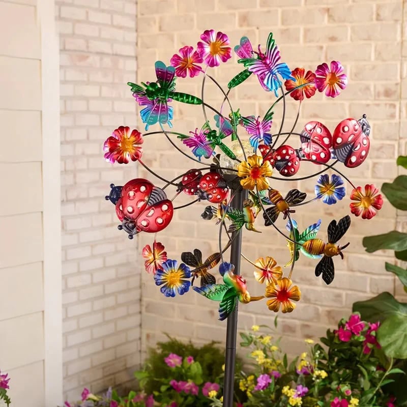 ☀️🌀Outdoors Solar Wind Spinners with Decorative Flowers🌸(Includes bracket)87cm