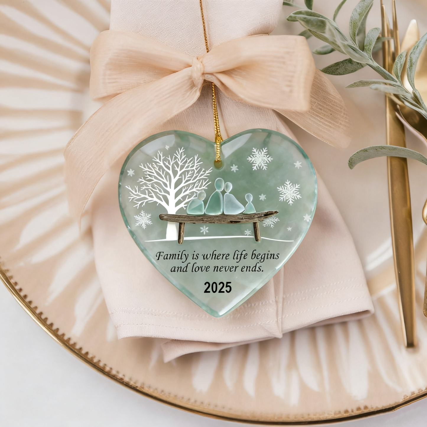 Handmade Heart-shaped Sea Glass Family Ornament