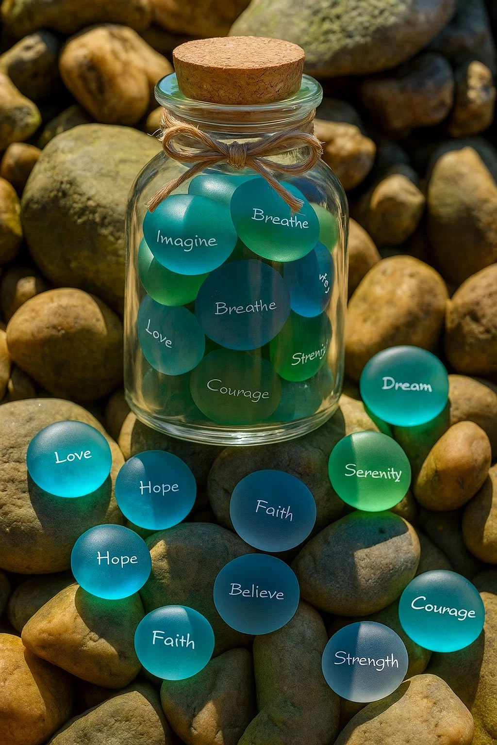 🌊100% Hand-carved💖 Inspirational Sea Glass Stones in a Jar – Words of Calm & Courage