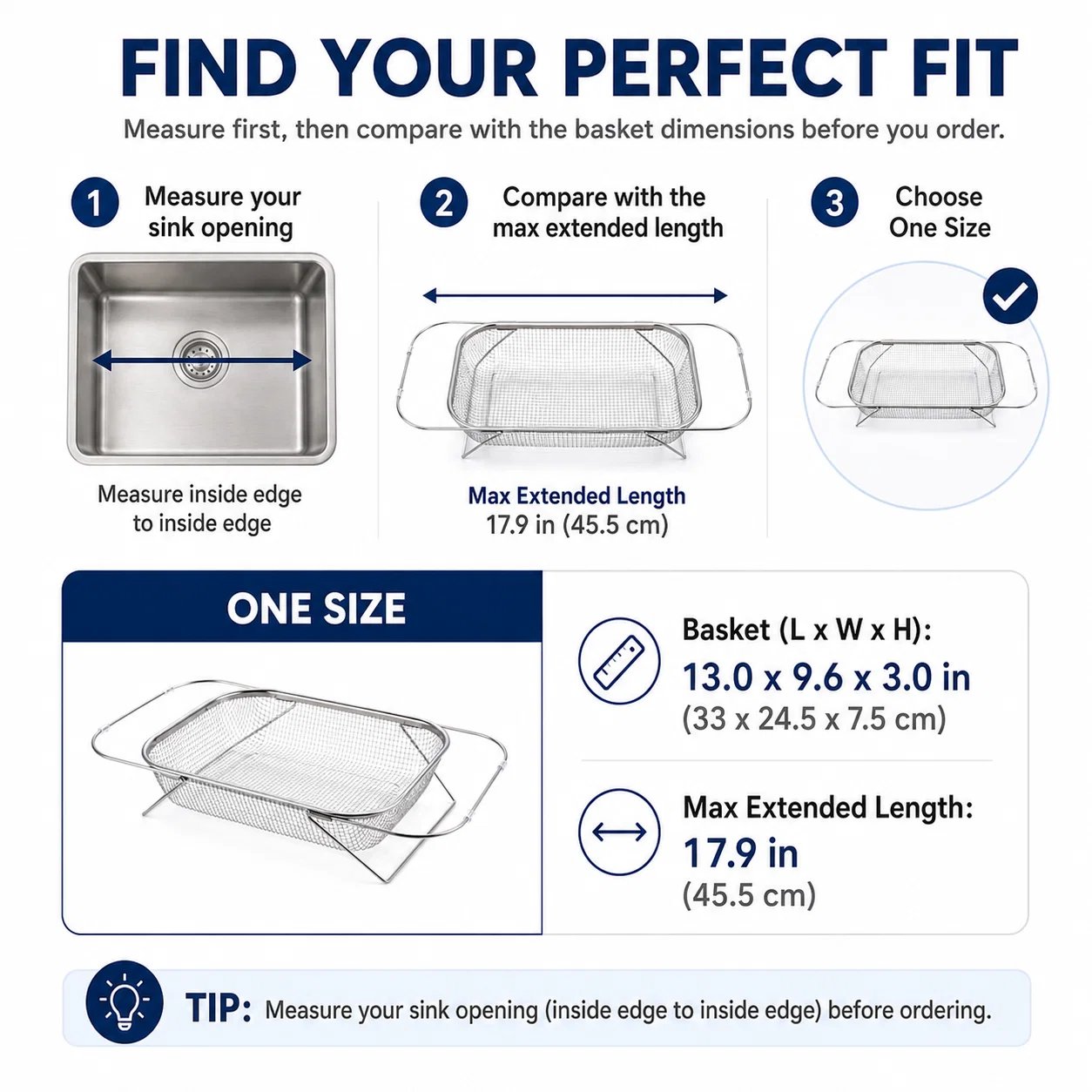 One size over-the-sink drainer basket measurement guide
