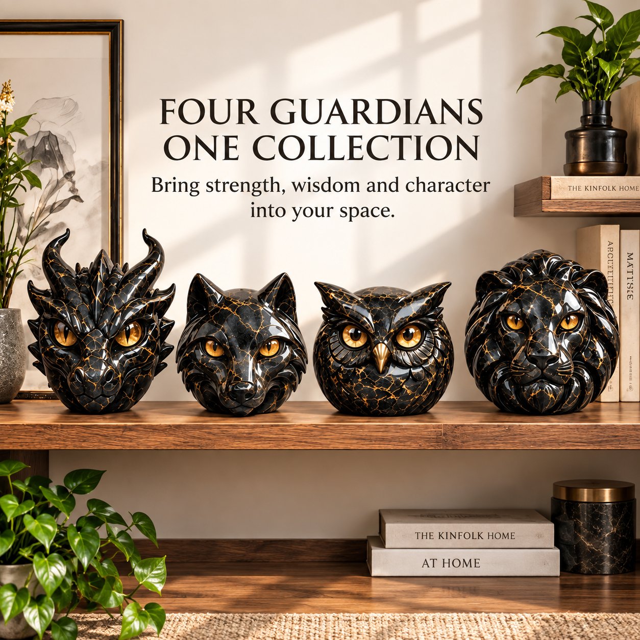 Four black and gold guardian sculptures