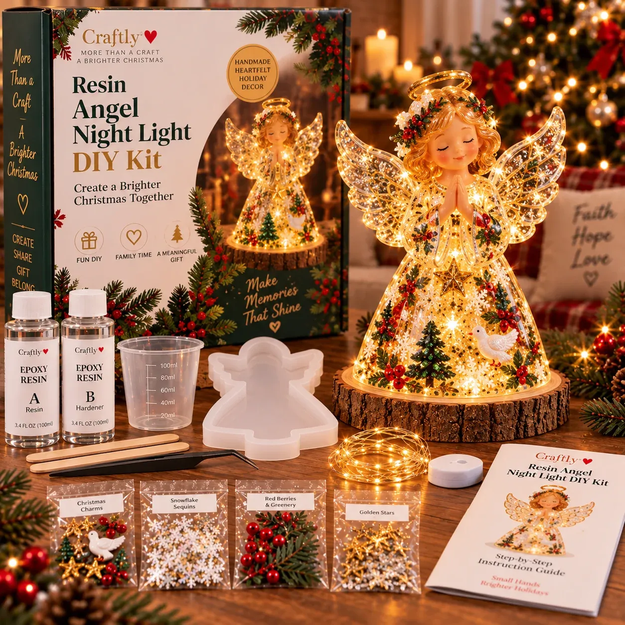 🎄 Beginner-Friendly Resin Christmas Tree Night Light DIY Kit — 💕 Step-by-Step Guide Included | Complete Kit with Mold, Resin, Fairy Lights & Festive Decorations ✨
