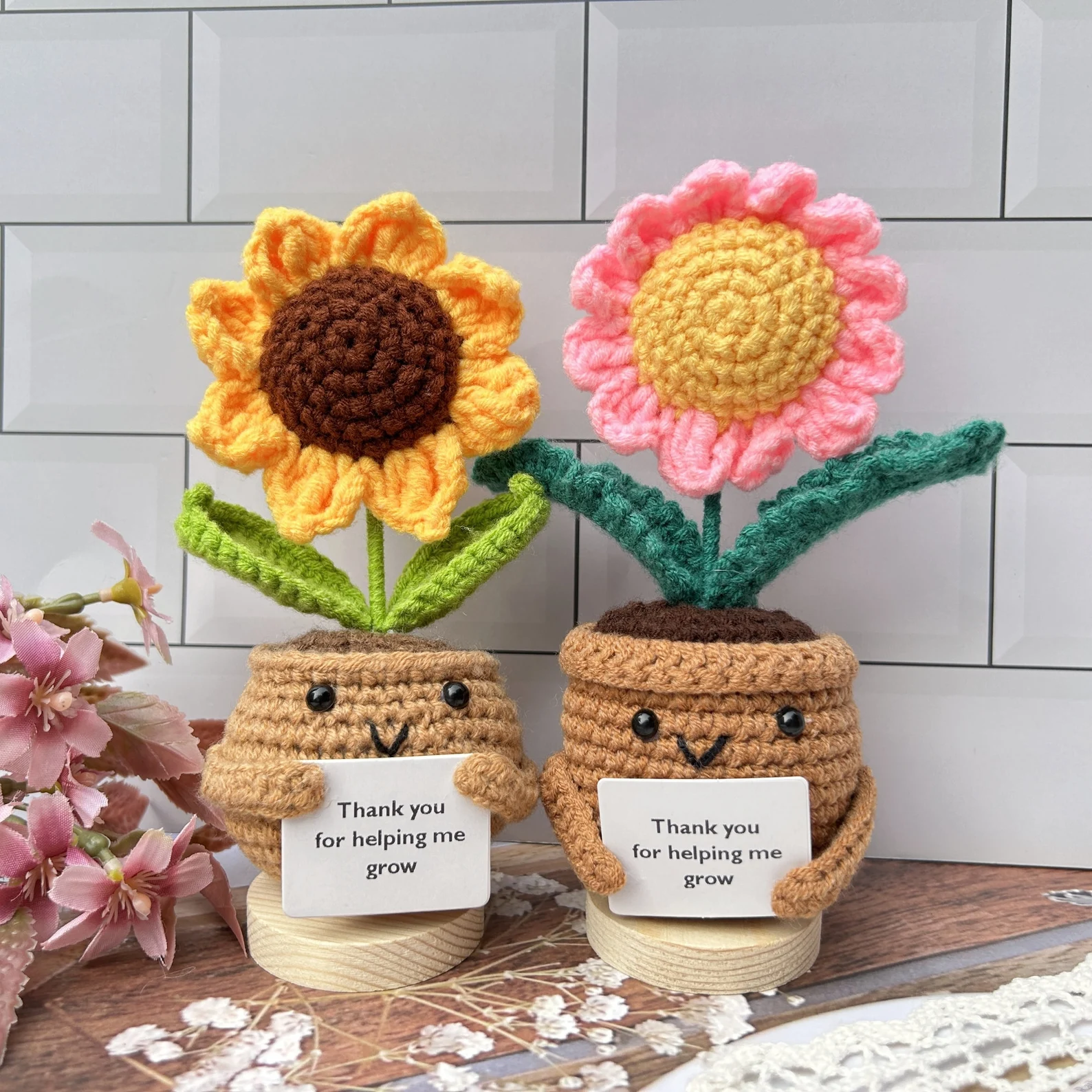 Thank you for helping me grow pot Gift-Handmade Crochet Sunflower/Rose/Daisy/Tulip/Pink Heart-Emotional Support Plants-Thank you gifts