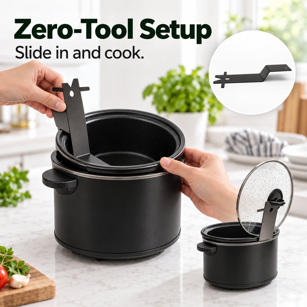 How the lid holder fits beside a removable cooker insert