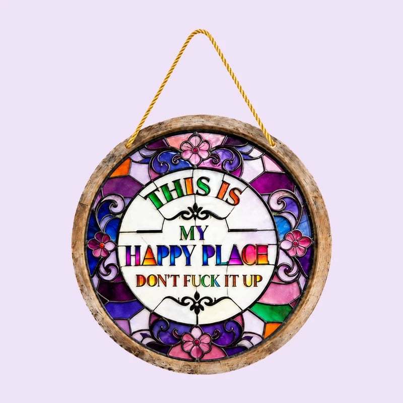 🔥 LAST DAY 50% OFF – 🌈 Stained Glass-Style Happy Place Hanging Suncatcher | Sunlight-Catching Quote Decor for Windows, Porches, Patios & Gifts ✨