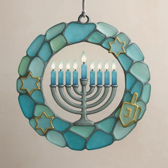 ❤100% Hand-carved & Shaped by Nature-🕎💙Sea Glass Hanukkah Ornament