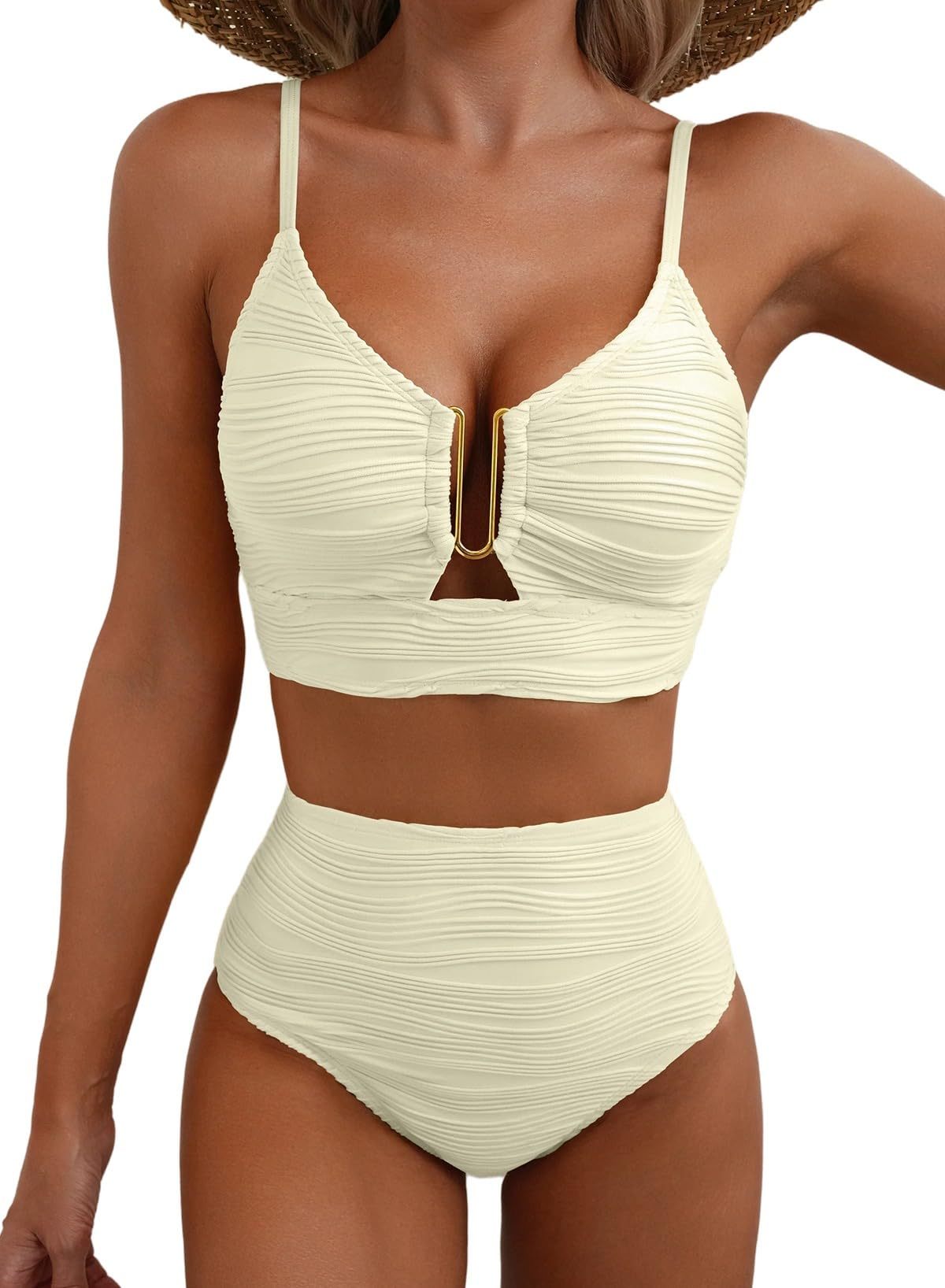 High-Waisted Tummy Control Bikini Set Textured U-Wire Cutout Swimwear