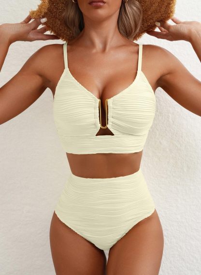 High-Waisted Tummy Control Bikini Set Textured U-Wire Cutout Swimwear