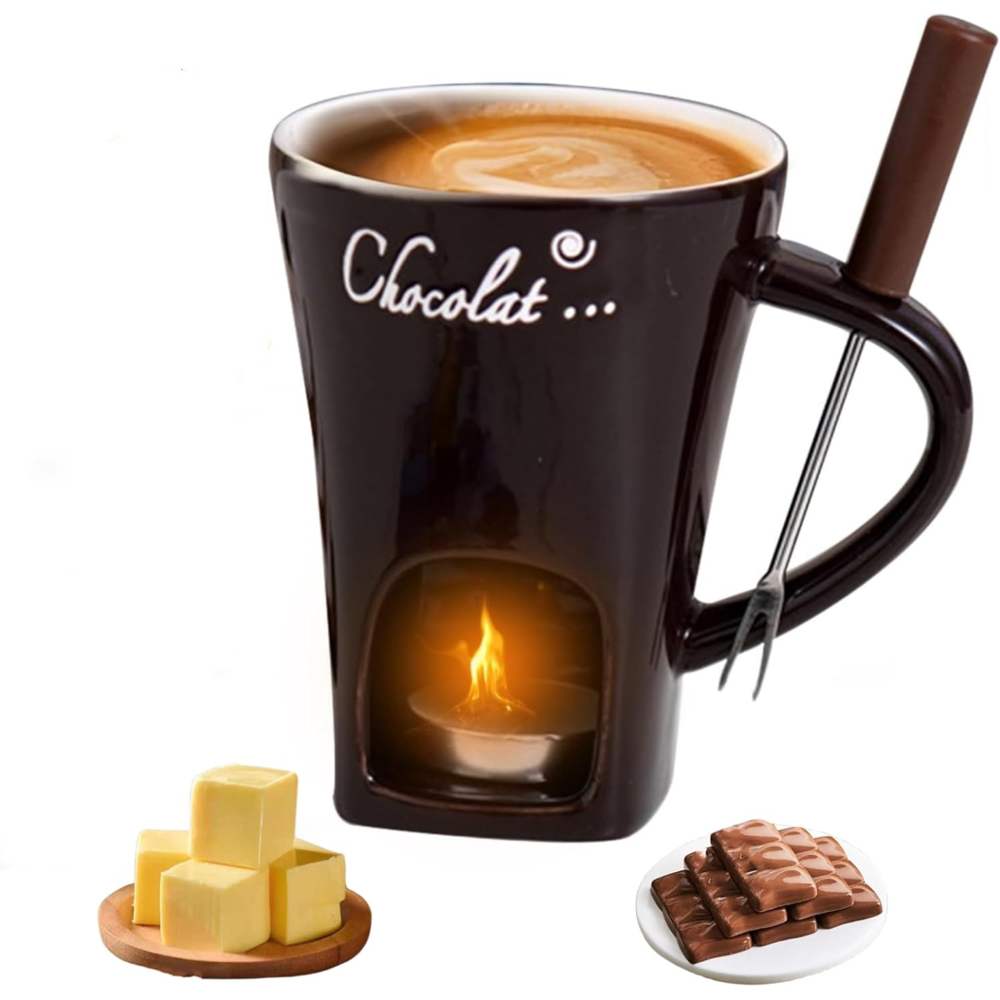 Chocolate Fondue Mug Set – Mini Ceramic Fondue Cup with Forks and Cand