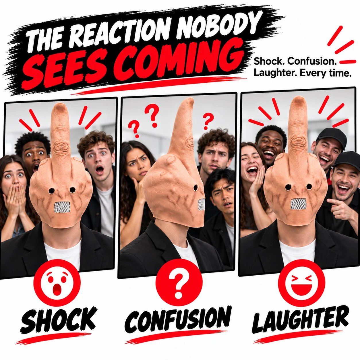 Shock confusion laughter reactions to prank mask Shock confusion laughter reactions to prank mask