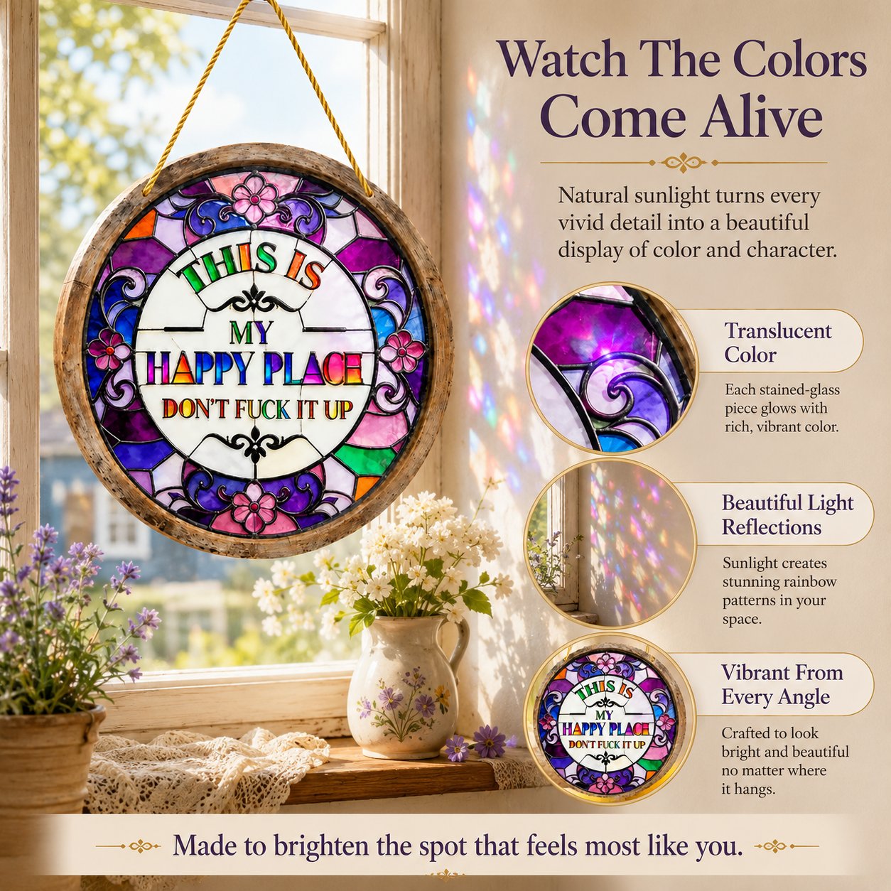 🔥 LAST DAY 50% OFF – 🌈 Stained Glass-Style Happy Place Hanging Suncatcher | Sunlight-Catching Quote Decor for Windows, Porches, Patios & Gifts ✨