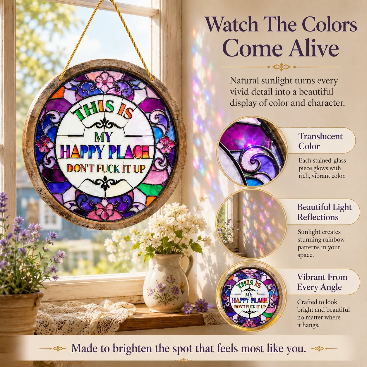 🔥 LAST DAY 50% OFF – 🌈 Stained Glass-Style Happy Place Hanging Suncatcher | Sunlight-Catching Quote Decor for Windows, Porches, Patios & Gifts ✨