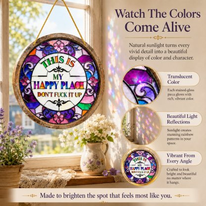 🔥 LAST DAY 50% OFF – 🌈 Stained Glass-Style Happy Place Hanging Suncatcher | Sunlight-Catching Quote Decor for Windows, Porches, Patios & Gifts ✨