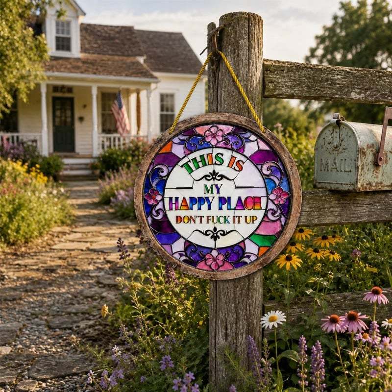 🔥 LAST DAY 50% OFF – 🌈 Stained Glass-Style Happy Place Hanging Suncatcher | Sunlight-Catching Quote Decor for Windows, Porches, Patios & Gifts ✨