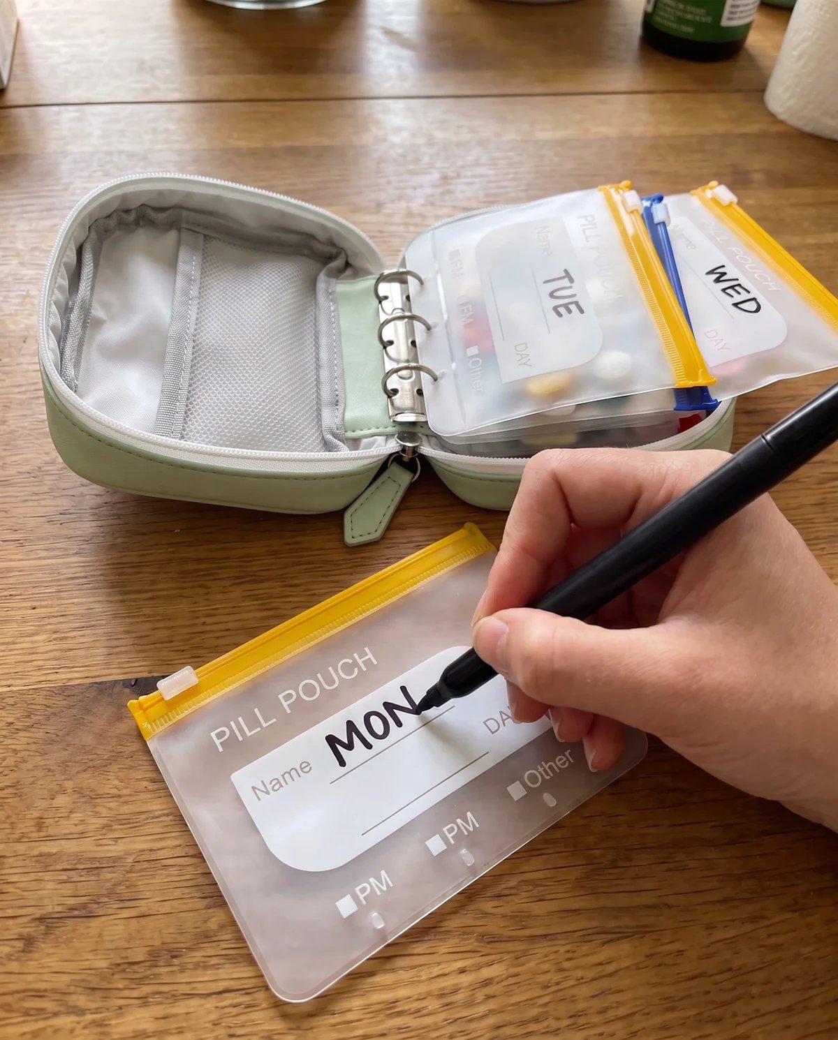 Writable pill pouch labels for name AM PM and day