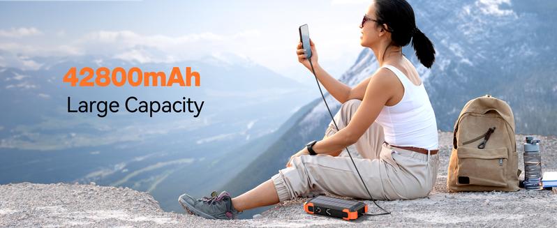 Product Introduction of Sudrov 42800 mAh Solar Charger Power Bank Wireless Charger Built in 4 Cables 7 Outputs 15 Watts Fast Charging Power Bank for All Mobile Devices 3 Inputs Solar Portable Charger with Dual Flashlights, Carabiner and Thermometer 3