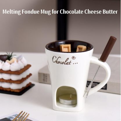 Chocolate Fondue Mug Set – Mini Ceramic Fondue Cup with Forks and Candle