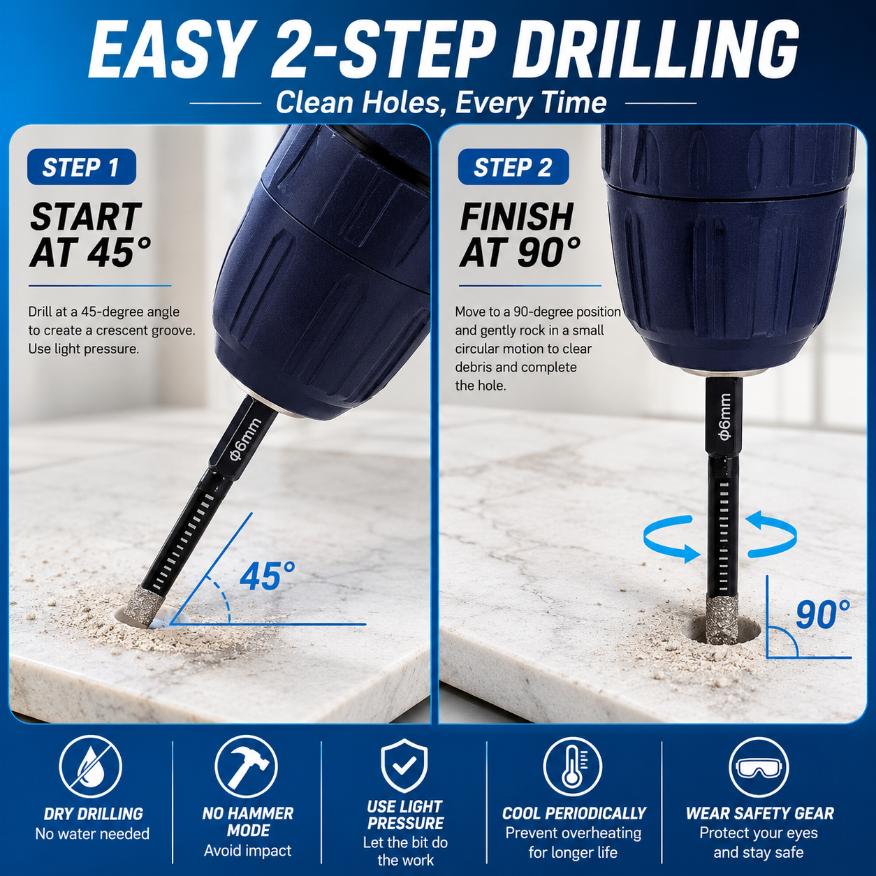 🔥LAST DAY SALE 50% OFF-6 Pcs Diamond Drill Bits Set, 1/4 5/6 3/8 1/2 Inch Brazed Diamond Drill Bits for Precision Drilling in Tile Ceramic Glass Granite Marble Masonry