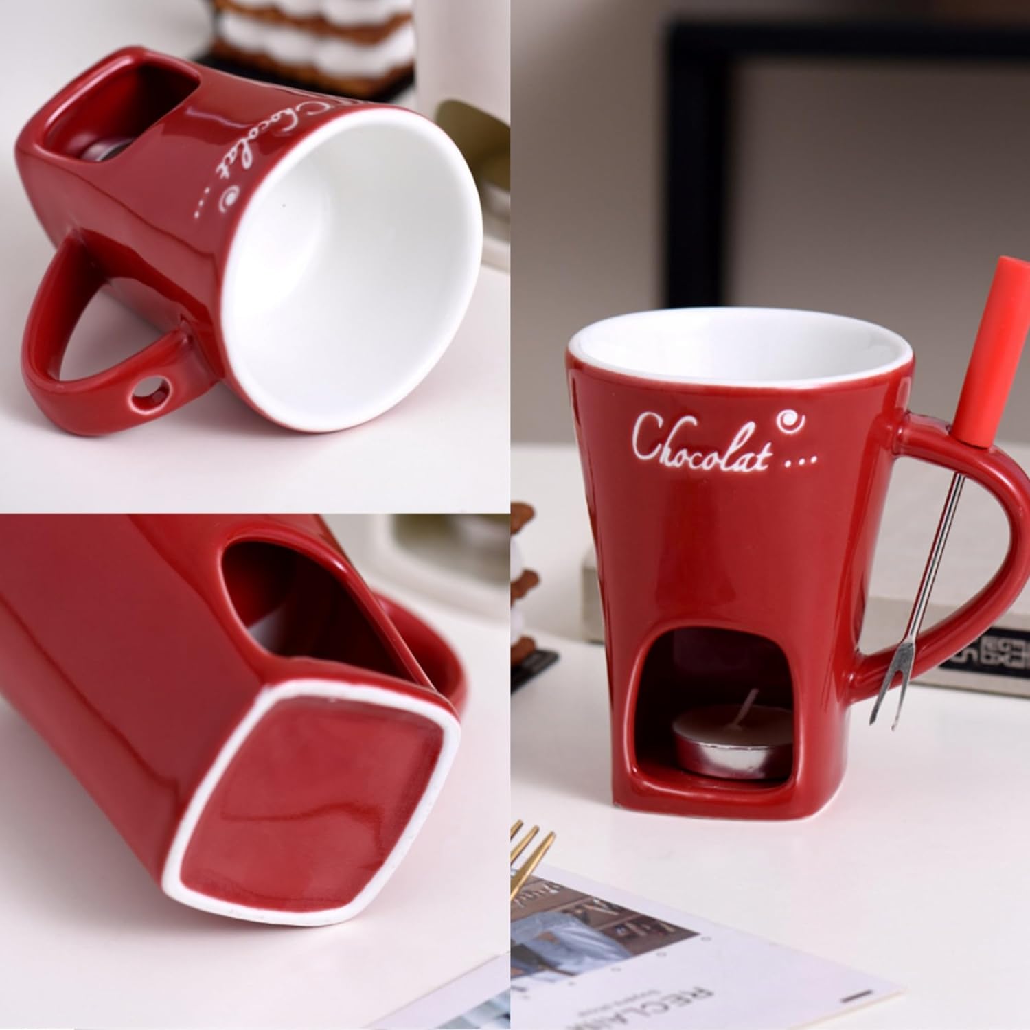Chocolate Fondue Mug Set – Mini Ceramic Fondue Cup with Forks and Candle