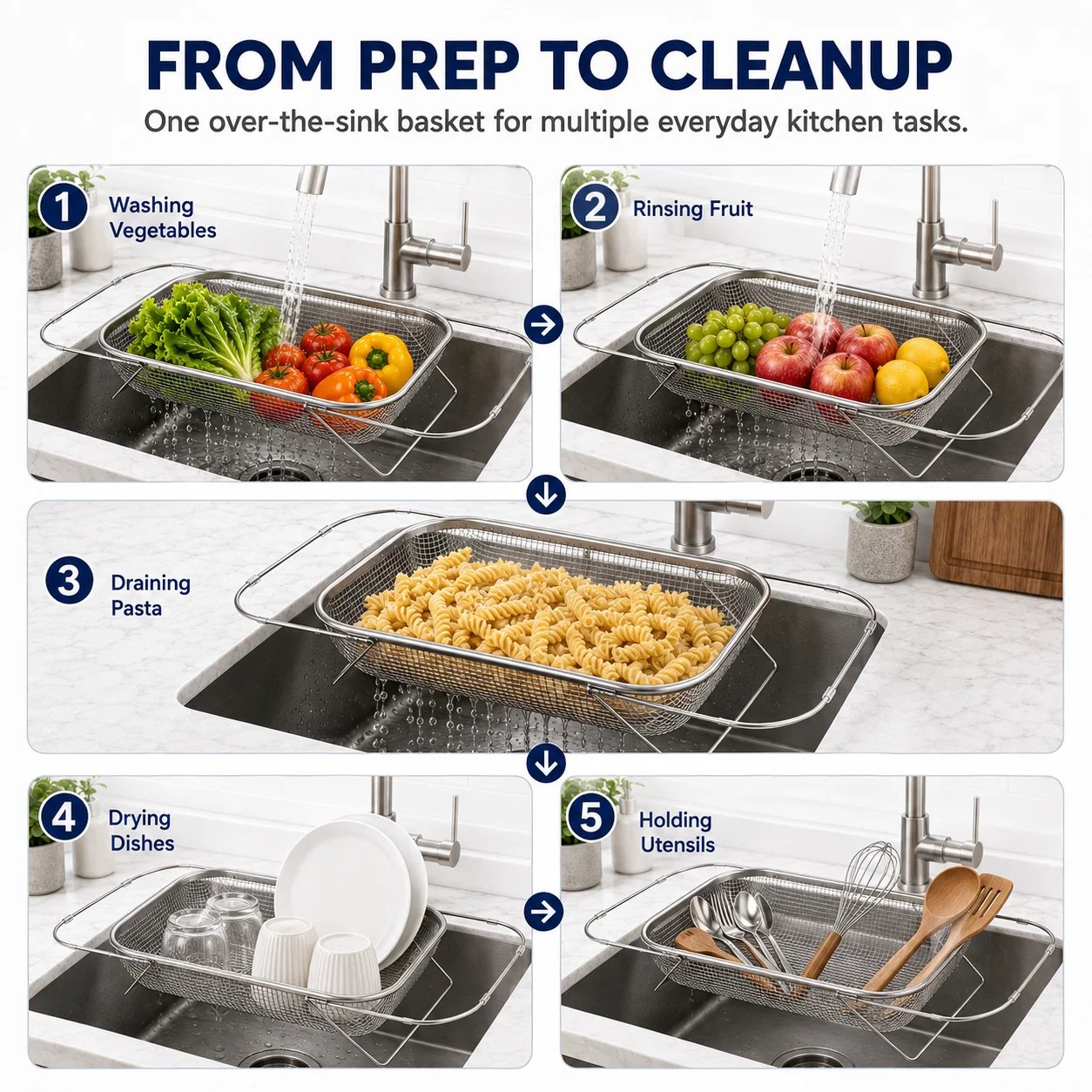 Multiple uses for over-the-sink basket including vegetables fruit pasta dishes and utensils
