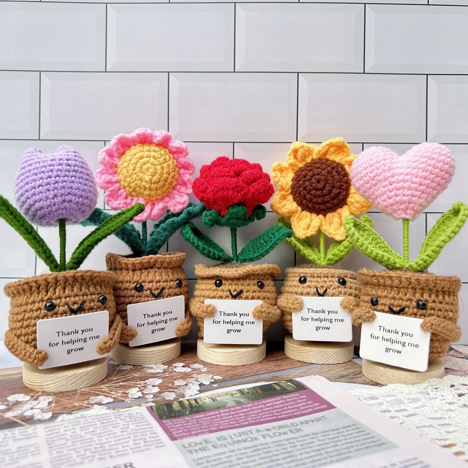 Thank you for helping me grow pot Gift-Handmade Crochet Sunflower/Rose/Daisy/Tulip/Pink Heart-Emotional Support Plants-Thank you gifts