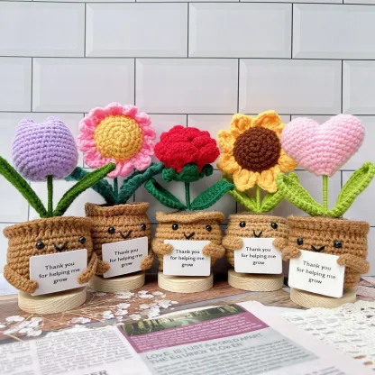 Thank you for helping me grow pot Gift-Handmade Crochet Sunflower/Rose/Daisy/Tulip/Pink Heart-Emotional Support Plants-Thank you gifts