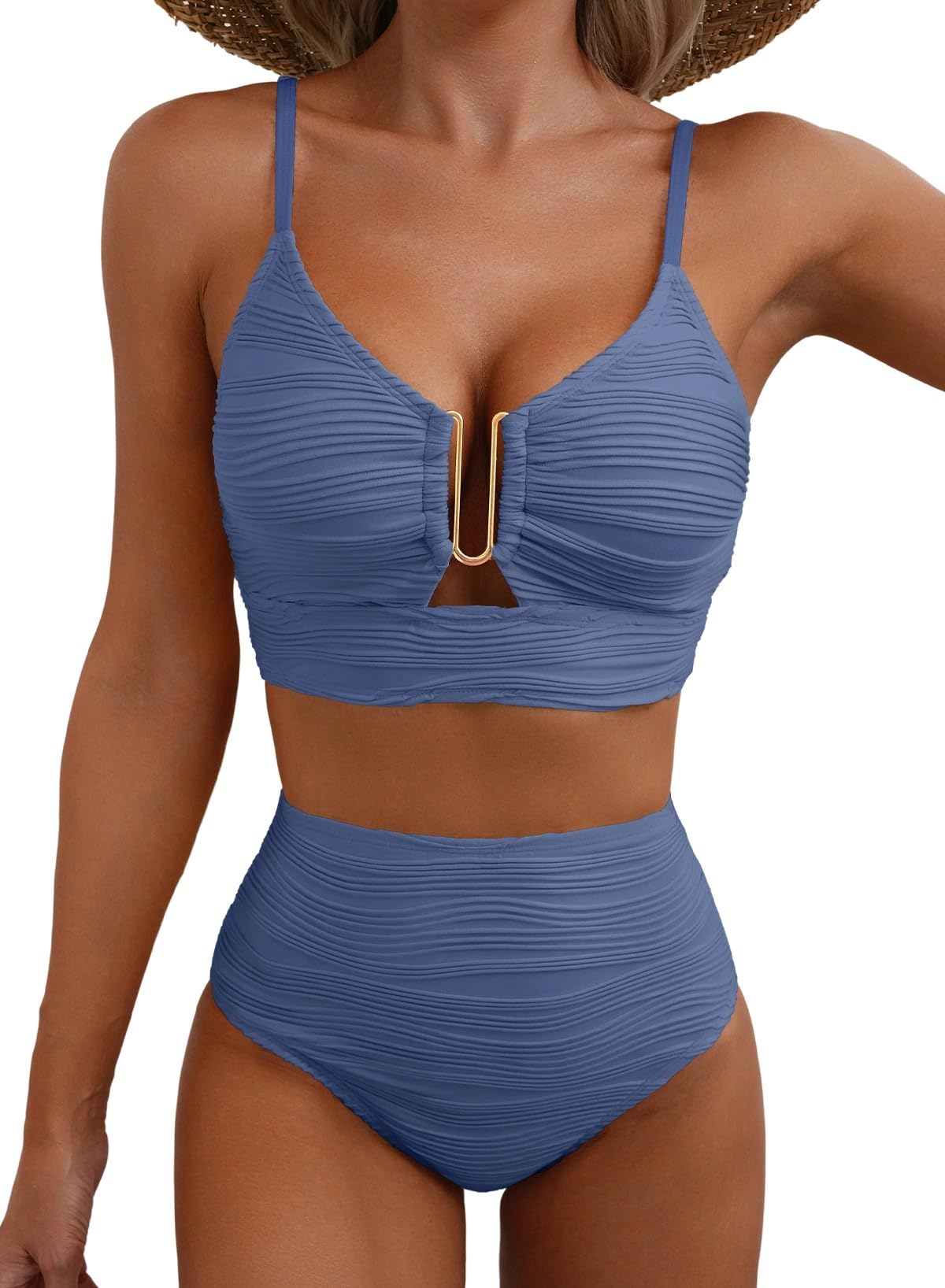 High-Waisted Tummy Control Bikini Set Textured U-Wire Cutout Swimwear