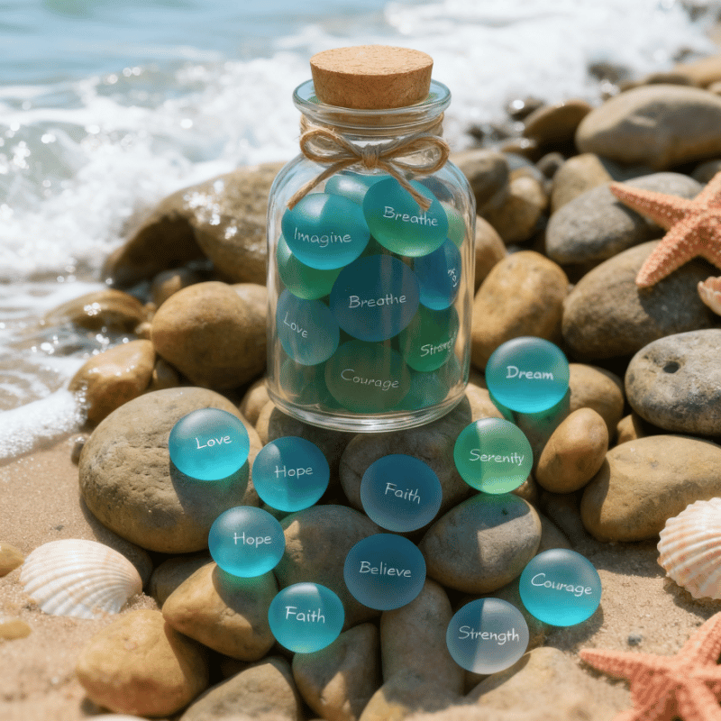 🌊100% Hand-carved💖 Inspirational Sea Glass Stones in a Jar – Words of Calm & Courage