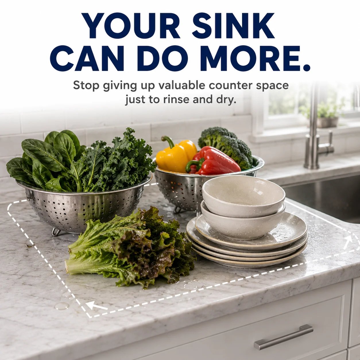 Cluttered kitchen counter with colanders vegetables and wet dishes
