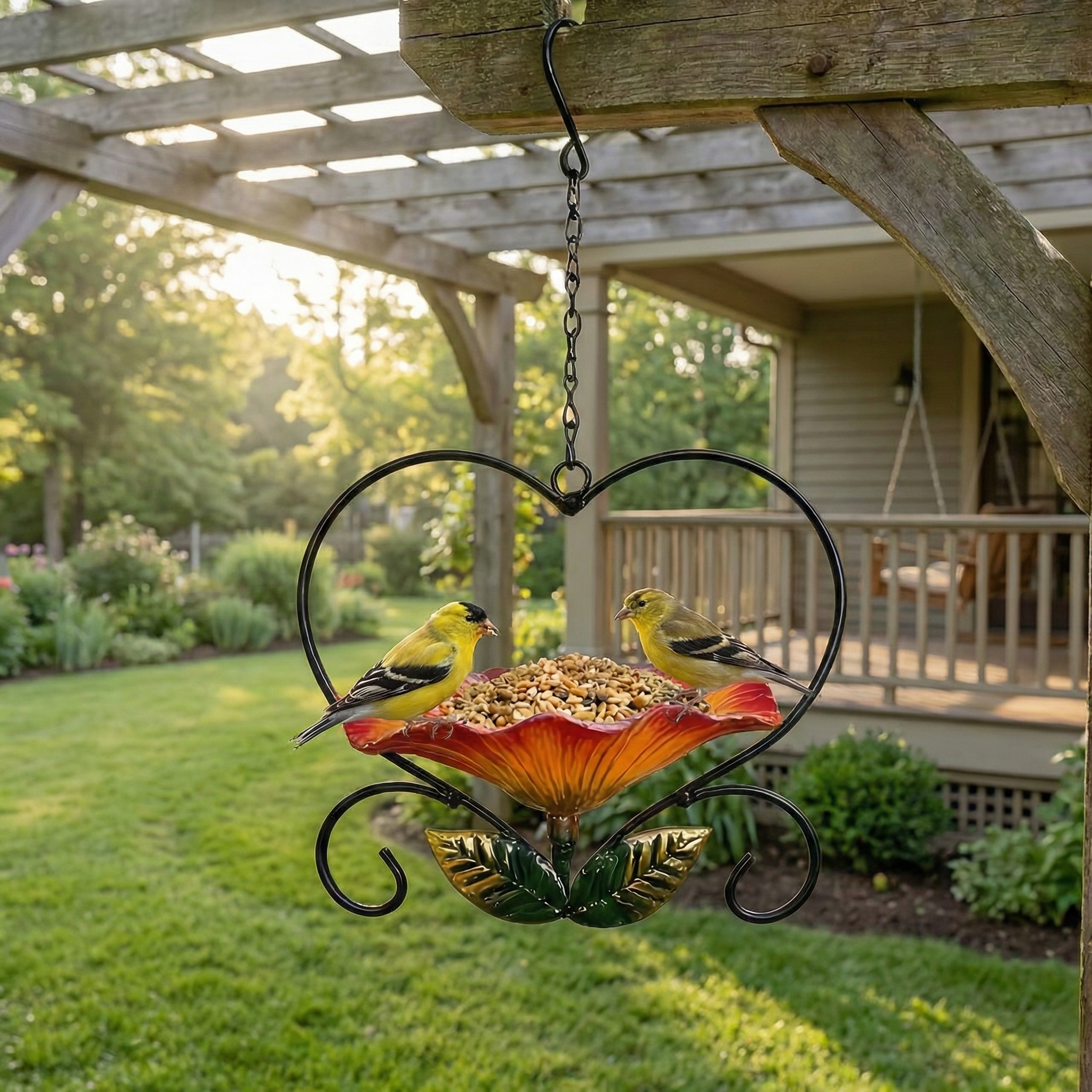 Heart-Shaped Wrought Iron Flower Bird Feeder