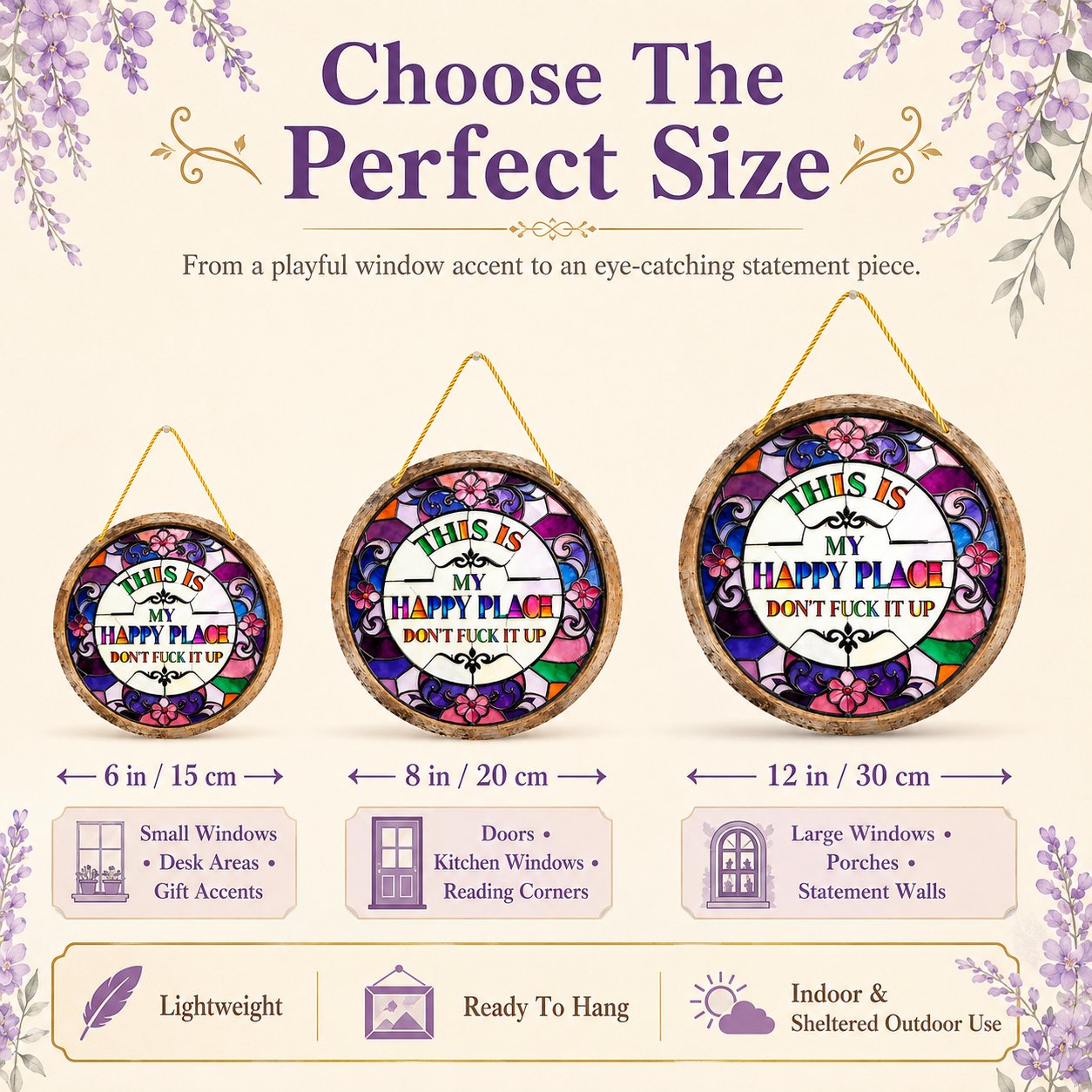 🔥 LAST DAY 50% OFF – 🌈 Stained Glass-Style Happy Place Hanging Suncatcher | Sunlight-Catching Quote Decor for Windows, Porches, Patios & Gifts ✨
