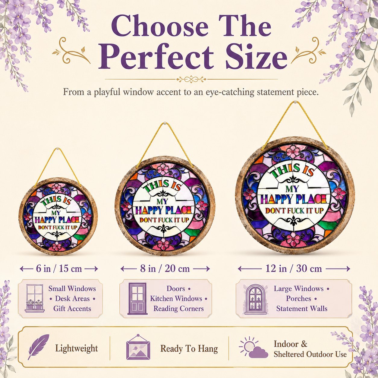 🔥 LAST DAY 50% OFF – 🌈 Stained Glass-Style Happy Place Hanging Suncatcher | Sunlight-Catching Quote Decor for Windows, Porches, Patios & Gifts ✨
