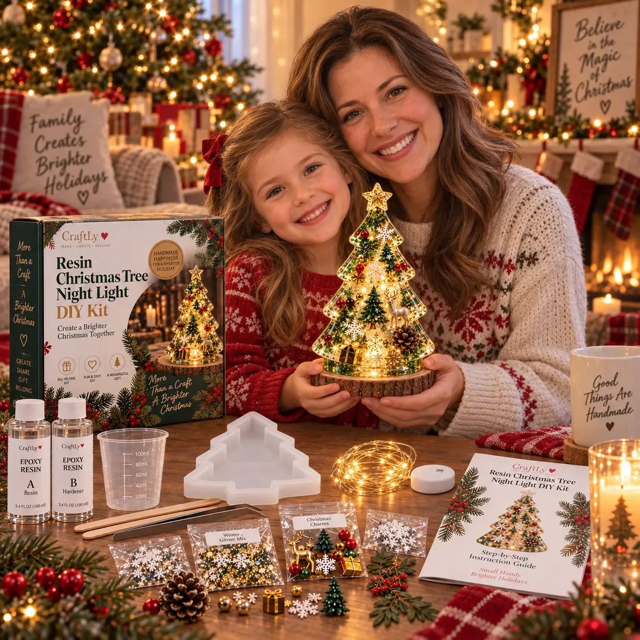 🎄 Beginner-Friendly Resin Christmas Tree Night Light DIY Kit — 💕 Step-by-Step Guide Included | Complete Kit with Mold, Resin, Fairy Lights & Festive Decorations ✨