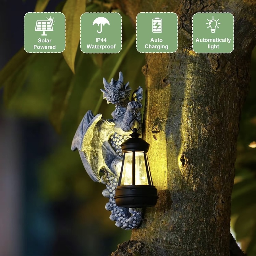 Garden Decor Dragon Hugging Tree Garden Statue with Solar Lantern