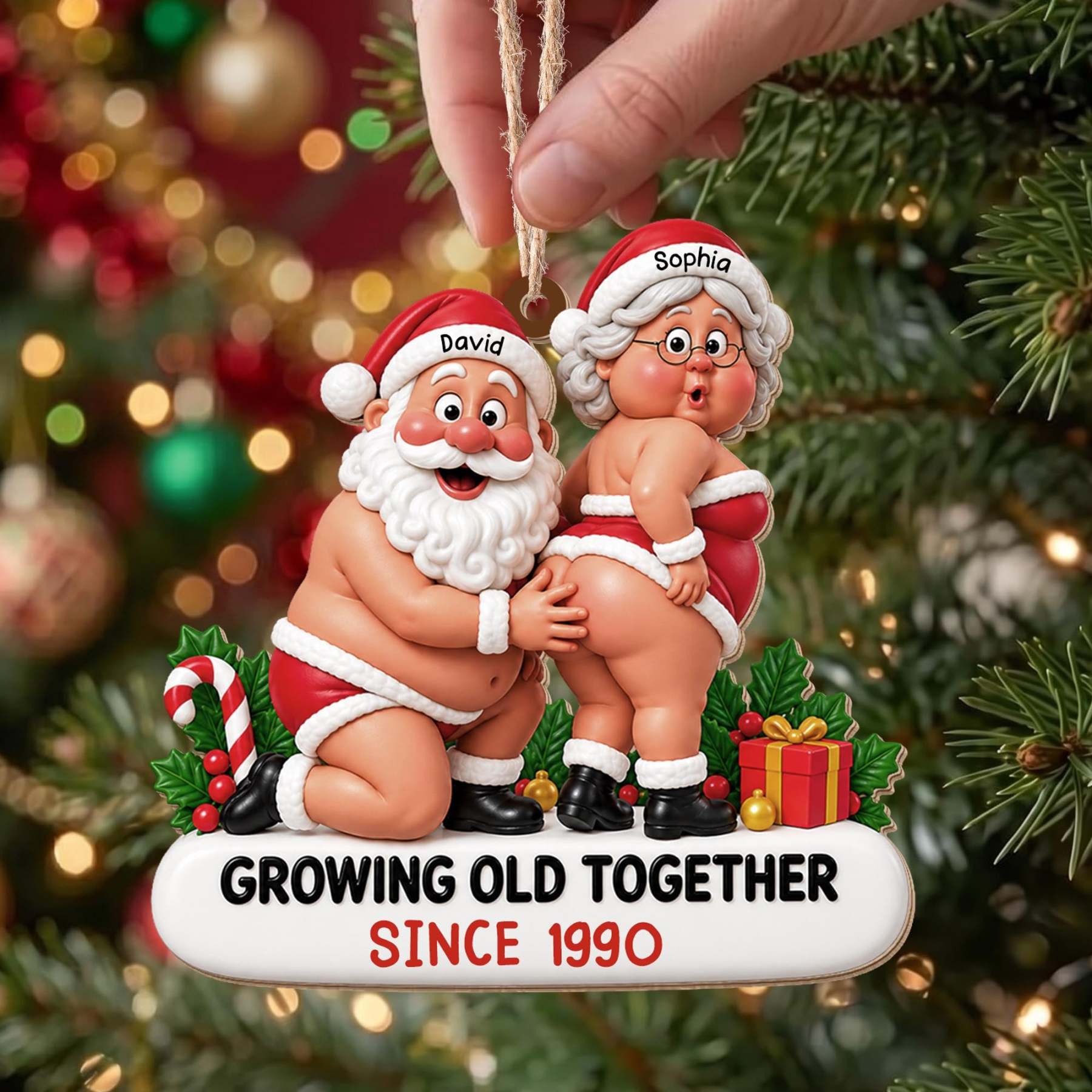 Growing Old Together Funny Santa And Mrs Claus Couple - Personalized Custom Wood Ornament, Custom Shaped