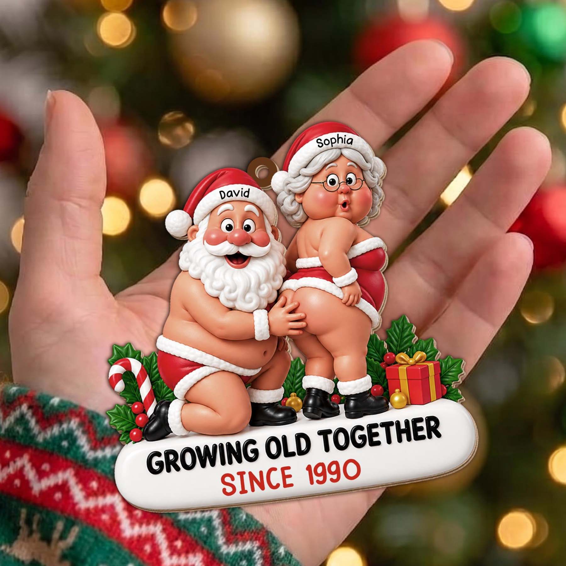 Growing Old Together Funny Santa And Mrs Claus Couple - Personalized Custom Wood Ornament, Custom Shaped