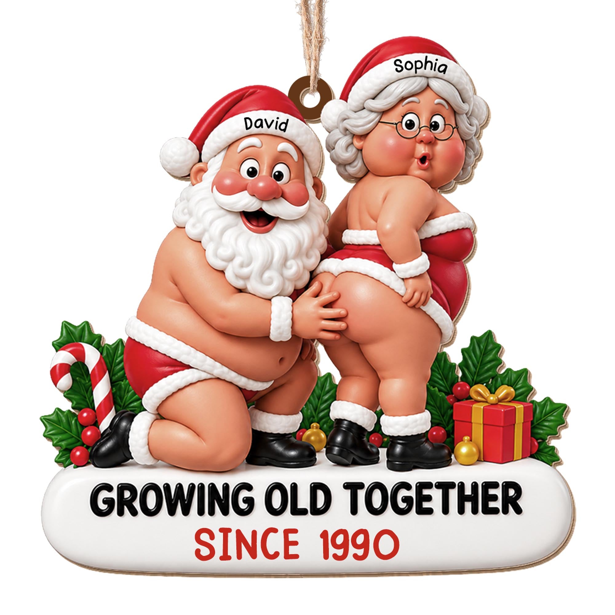 Growing Old Together Funny Santa And Mrs Claus Couple - Personalized Custom Wood Ornament, Custom Shaped