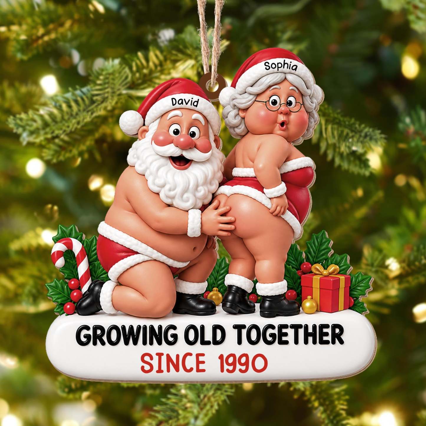 Growing Old Together Funny Santa And Mrs Claus Couple - Personalized Custom Wood Ornament, Custom Shaped