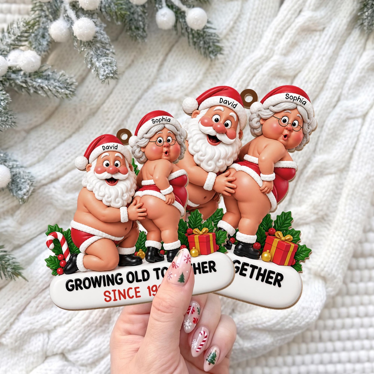 Growing Old Together Funny Santa And Mrs Claus Couple - Personalized Custom Wood Ornament, Custom Shaped