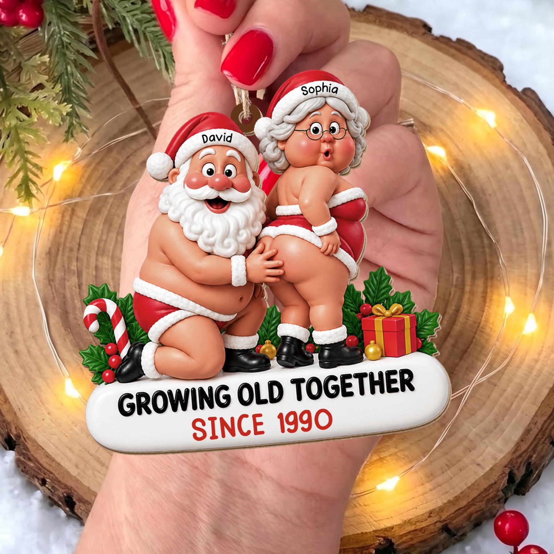Growing Old Together Funny Santa And Mrs Claus Couple - Personalized Custom Wood Ornament, Custom Shaped