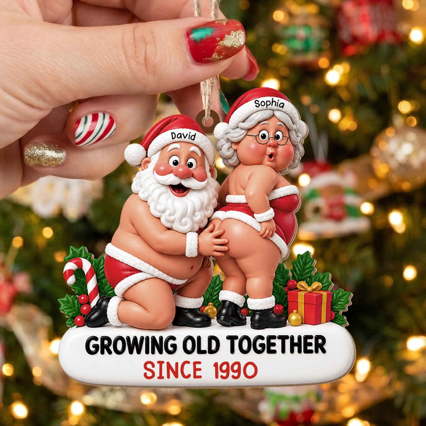 Growing Old Together Funny Santa And Mrs Claus Couple - Personalized Custom Wood Ornament, Custom Shaped