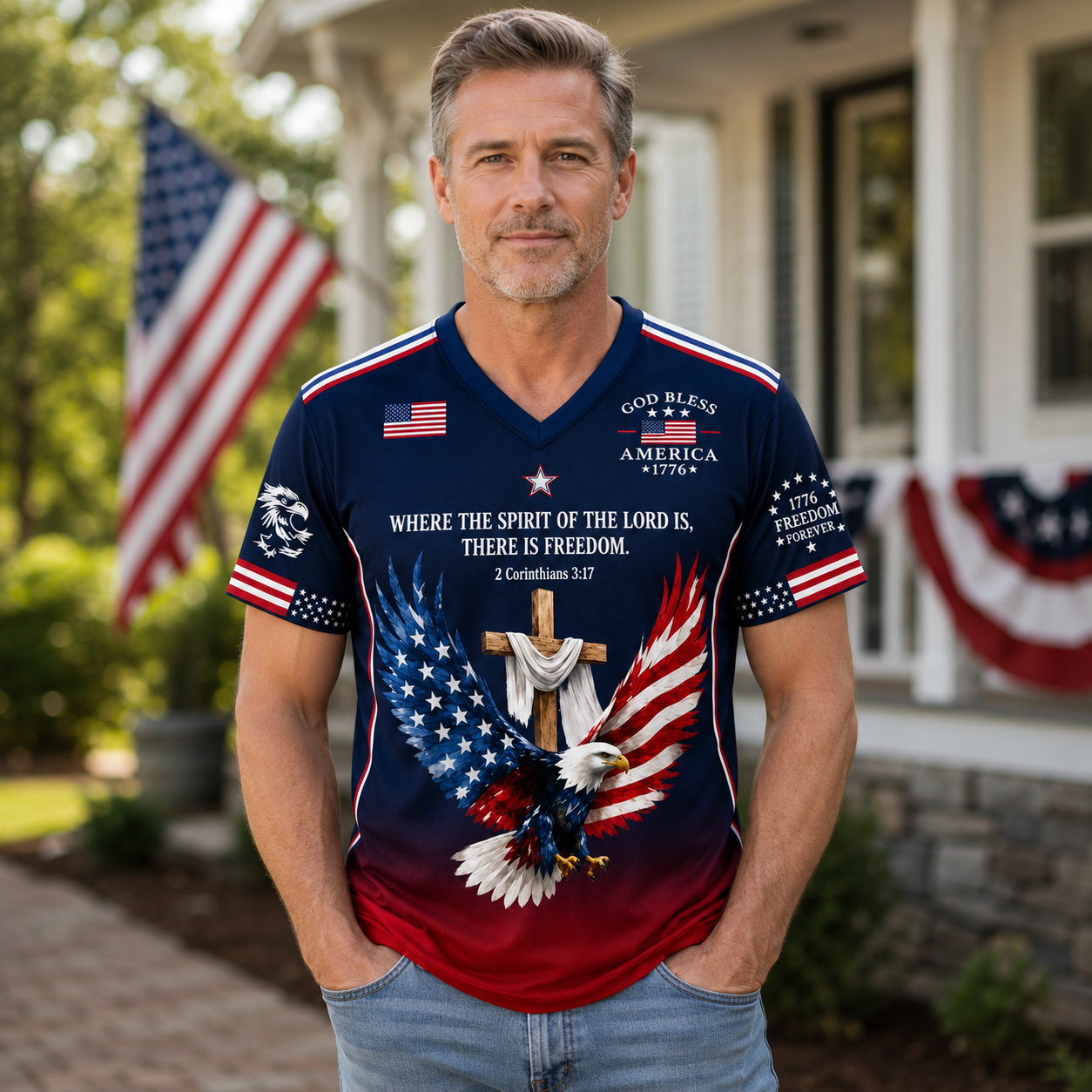 God Bless America Faith Patriotic V-Neck Shirt