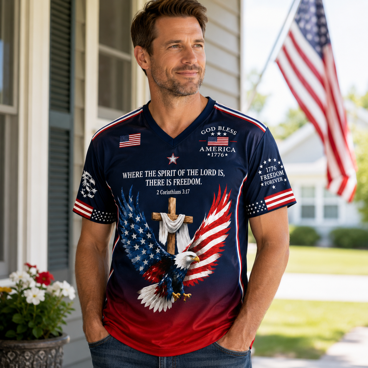 God Bless America Faith Patriotic V-Neck Shirt