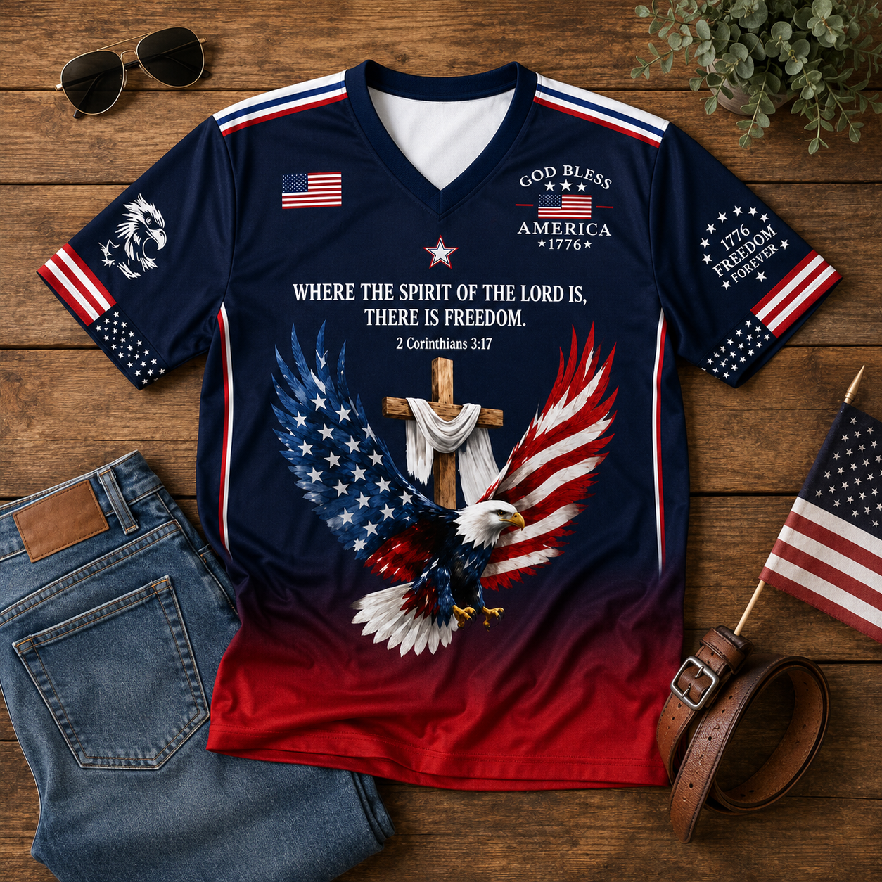 God Bless America Faith Patriotic V-Neck Shirt