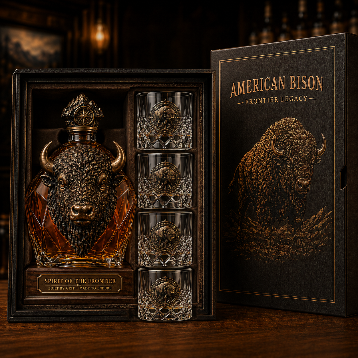 🎁American Bison Frontier Legacy Whiskey Decanter Set