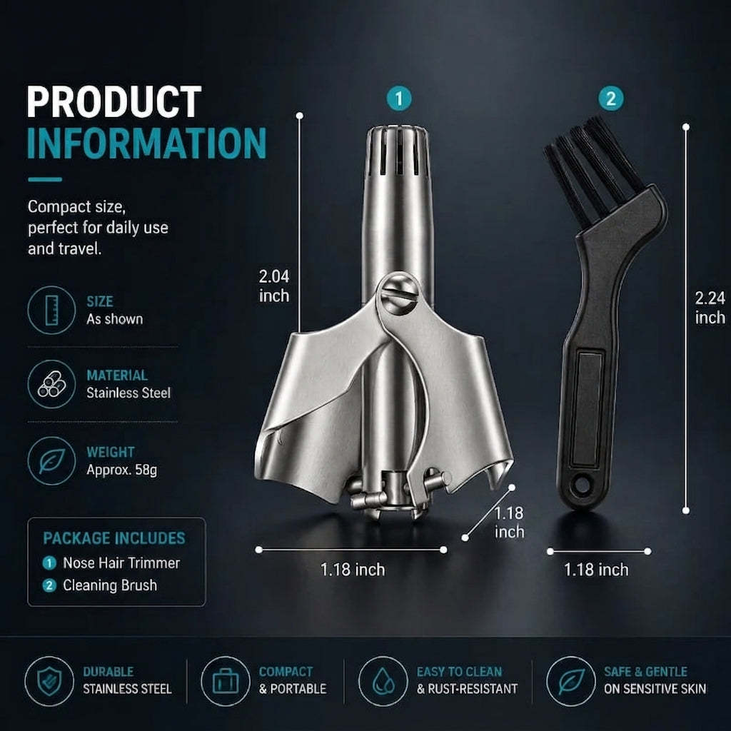 Manual Nose Hair Trimmer – Stainless Steel 360° Trimmer, Waterproof & No Battery Required
