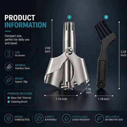 Manual Nose Hair Trimmer – Stainless Steel 360° Trimmer, Waterproof & No Battery Required