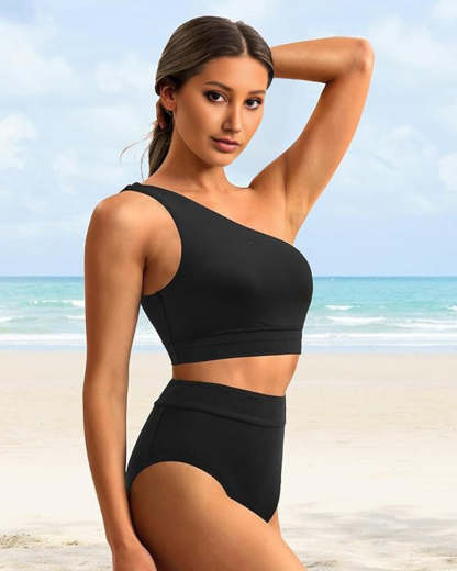 High-Waist One-Shoulder Tummy Control Bikini Set-Navy Blue