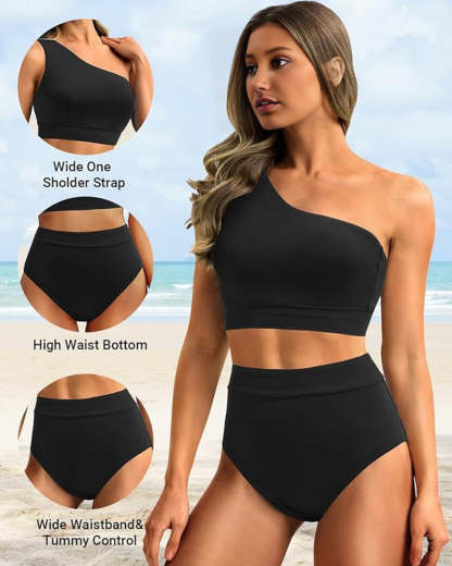 High-Waist One-Shoulder Tummy Control Bikini Set-Navy Blue