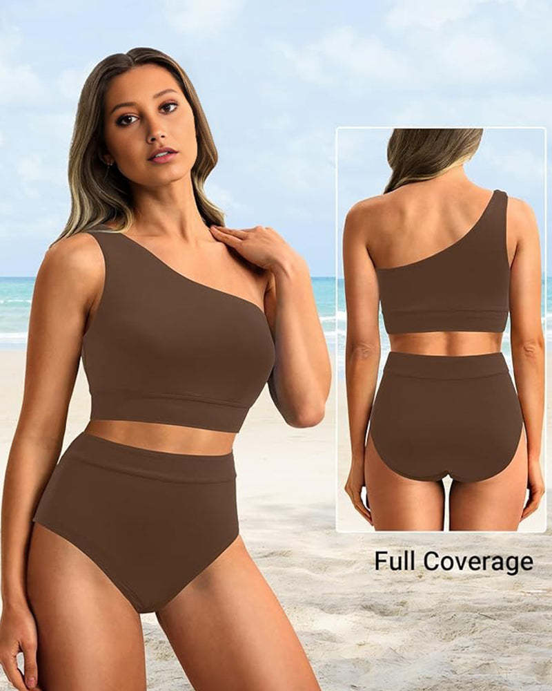 High-Waist One-Shoulder Tummy Control Bikini Set-Navy Blue